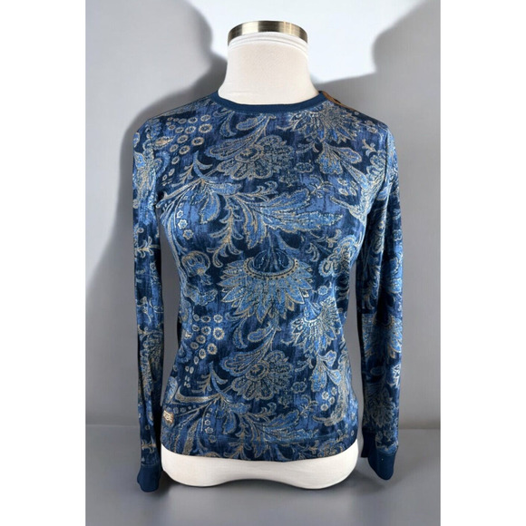 NWT Lauren Ralph Lauren Paisley Print LS Suede Elbow Shoulder Zip Top Blue Large - Picture 14 of 14